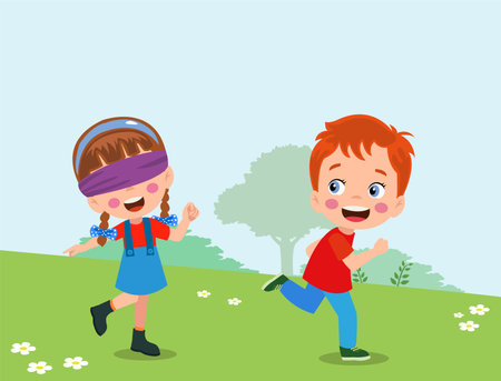 happy cute little kid boy and girl play tag blindfoldedのイラスト素材