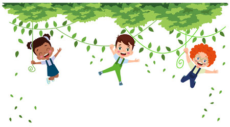 children hanging from branch playing cuteのイラスト素材