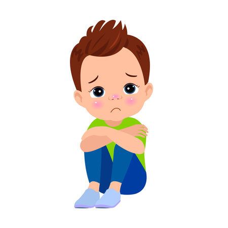 unhappy boy sitting with hands on kneesのイラスト素材