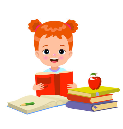Little boy reading a book with a red apple on the tableのイラスト素材