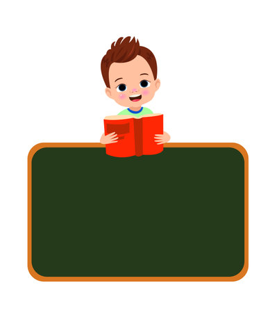 Cartoon boy reading a book on the board.のイラスト素材