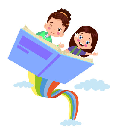 Cute Little Boy and Girl Reading a Book on Cloudy Sky Background Vector Illustrationのイラスト素材