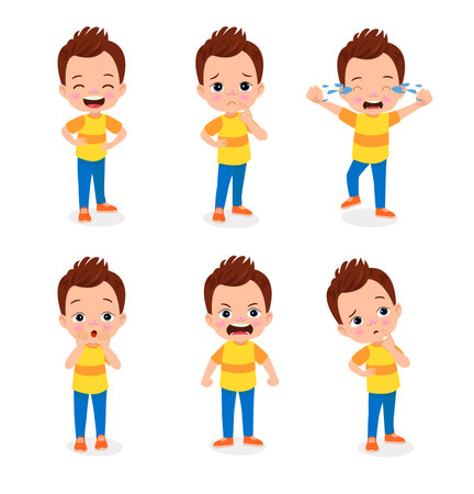 cute little boy character with different facial expressions set vector illustration designのイラスト素材