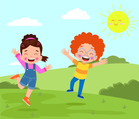 Happy children playing in the park. Vector illustration in cartoon style.のイラスト素材