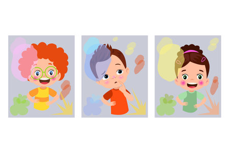 Little Boy And Girl Having Fun In The Park Vector Illustration Setのイラスト素材