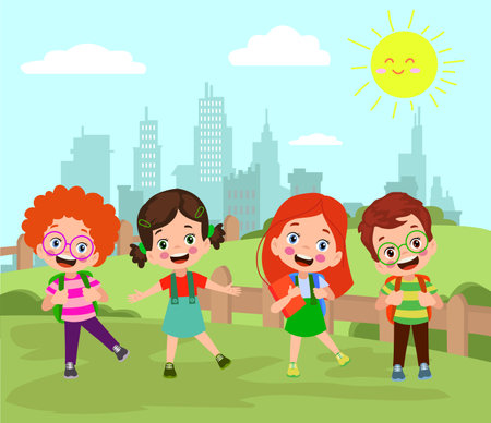 Cute Kids Having Fun In City Park Vector Illustration. Cute Smiling Children Having Fun Outdoorsのイラスト素材