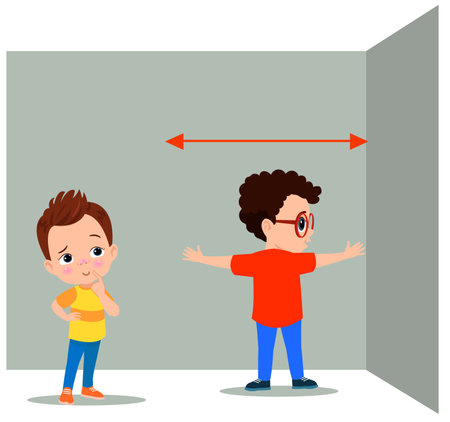 cute little boy measure length using hand spanのイラスト素材