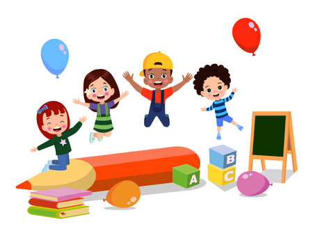 Jumping kids. Happy funny children playing and jumping in different action poses education little team vector characters. Illustration of kids and children fun and smileのイラスト素材