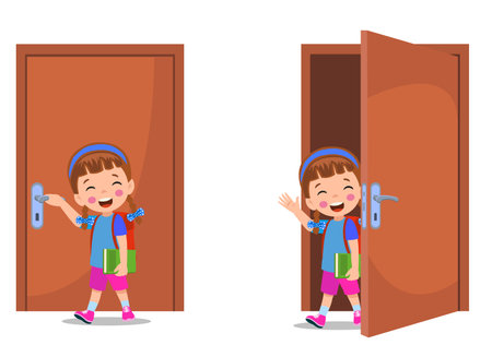little kid standing and holding door knobのイラスト素材