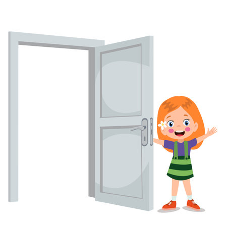 little kid standing and holding door knobのイラスト素材