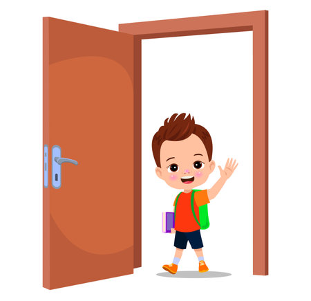 little kid standing and holding door knobのイラスト素材