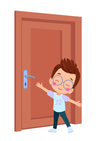 little kid standing and holding door knobのイラスト素材