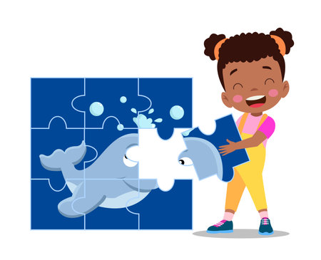 happy cute little kid play jigsaw puzzleのイラスト素材