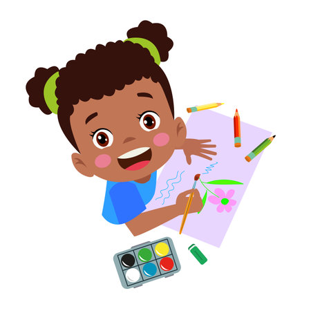 cute boy painting with watercolors and colored pencilsのイラスト素材
