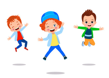 Jumping kids. Happy funny children playing and jumping in different action poses education little team vector characters. Illustration of kids and children fun and smileのイラスト素材
