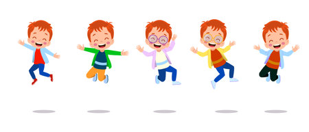 Jumping kids. Happy funny children playing and jumping in different action poses education little team vector characters. Illustration of kids and children fun and smileのイラスト素材