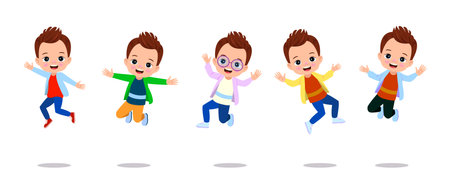 Jumping kids. Happy funny children playing and jumping in different action poses education little team vector characters. Illustration of kids and children fun and smileのイラスト素材