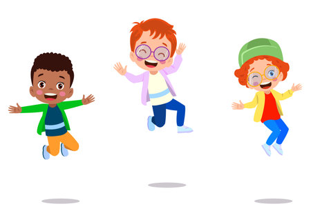 Jumping kids. Happy funny children playing and jumping in different action poses education little team vector characters. Illustration of kids and children fun and smileのイラスト素材
