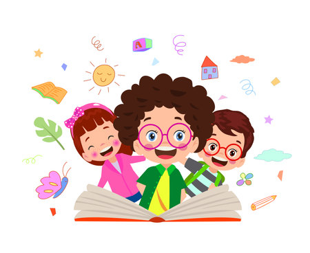open book boy and cute kidsのイラスト素材