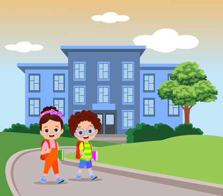 children walking to schoolのイラスト素材