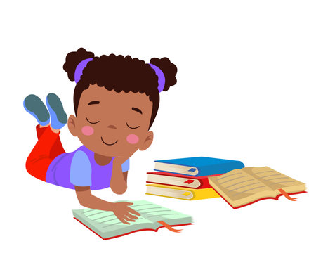 cute happy boy reading a bookのイラスト素材