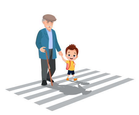 little kid helping elder to cross the roadのイラスト素材
