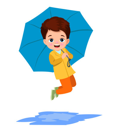 cute boy wearing a raincoat holding an umbrellaのイラスト素材