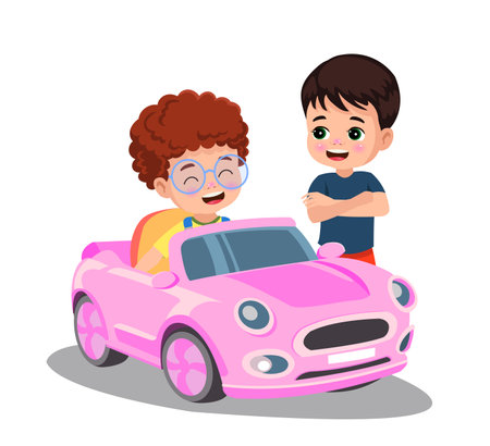 Cute boy driving a toy electric car vector cartoon illustration isolated on white backgroundのイラスト素材