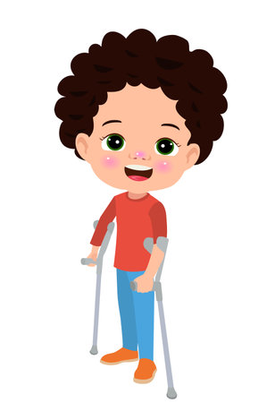 happy cute boy walking with crutchesのイラスト素材