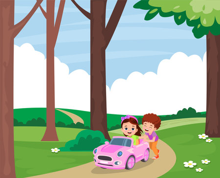 Cute boy driving a toy electric car vector cartoon illustration isolated on white backgroundのイラスト素材