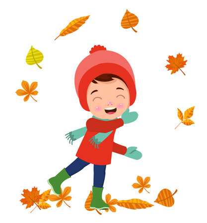 dry leaves and cute childのイラスト素材