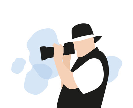 Man taking photo with camera in flat design on white background.