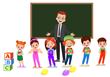 cute students and teacher in classroomのイラスト素材