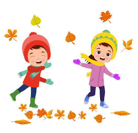 dry leaves and cute childのイラスト素材