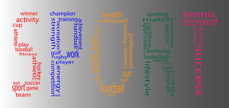 Sport tag keyword. Running and athletic, basketball and volleyball, handball and rugby, gymnastics and climbing, vector illustrationのイラスト素材