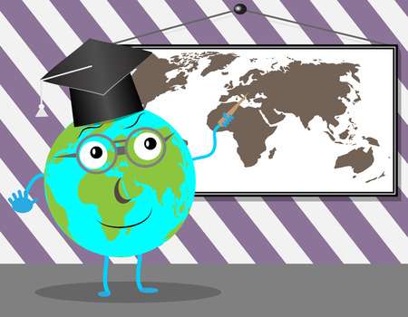 Cartoon Globe teaches geography. Education school and earth, teaching and learning, world planet, vector graphic illustrationのイラスト素材
