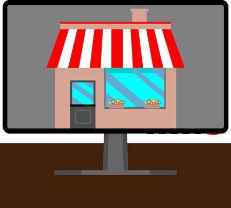 Online shop. Screen and monitoring, business, e-commerce, buy internet, design web computer, vector art design abstract unusual fashion illustrationのイラスト素材