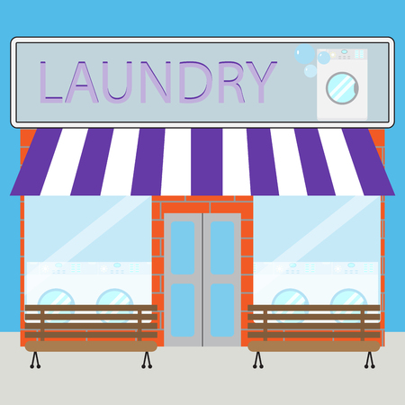 Building laundry flat design. Washing mashine, building and business. Vector art design abstract unusual fashion illustrationのイラスト素材