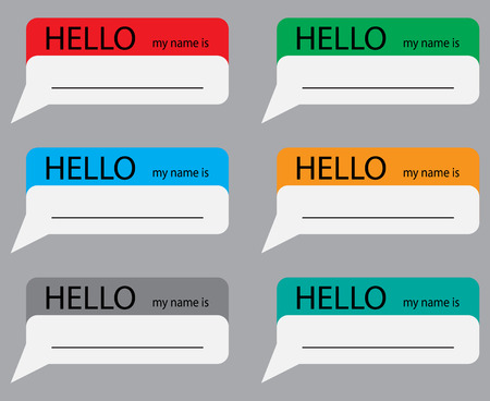 Hello my name sticker set color. Name tag, name card, baby names, name plate, list of names, my name is, identification meet, conference identity, presentation and greeting. Vector flat illustrationのイラスト素材