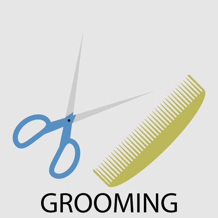 Grooming scissors and comb. Dog grooming, man grooming,  pet grooming, male grooming, mens grooming, salon hair, beauty and cut, tool for barber, care fashion. Vector abstract flat design illustrationのイラスト素材