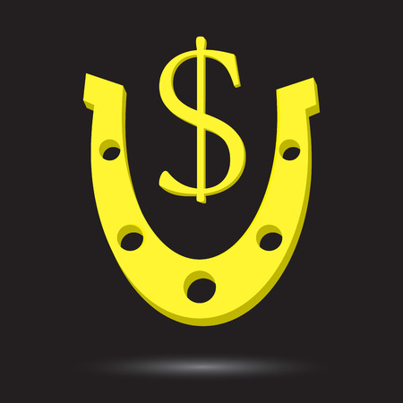 Golden horseshoe with symbol gold dollar. Horseshoe and  horseshoe vector, lucky horseshoe, golden dollar, success currency, metal lucky, fortune magnetism. Vector abstract flat design illustrationのイラスト素材
