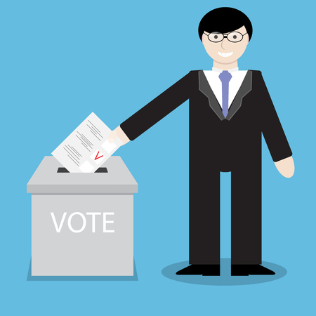 Man businessman votes, throwing into box bulletin. Political referendum, voting and government, ballot paper, polling bulletin, insert document. Vector abstract flat design illustrationのイラスト素材