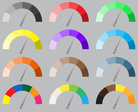 Indicator bright color set with pointer needle. Arrow indicator set, power panel, needle arrow, barometer or tachometer equipment or instrument. abstract flat design illustrationのイラスト素材