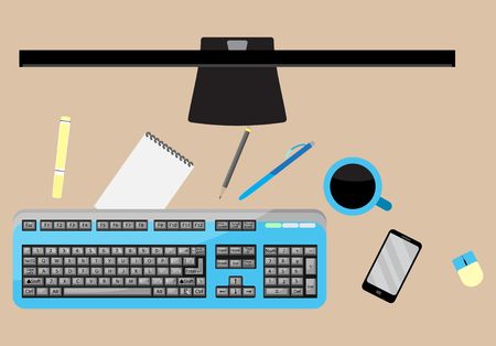 Work space top view. Workspace and desk, office and work,  office space, workplace and office interior, office work space. Desktop and paperwork. abstract flat design illustrationのイラスト素材