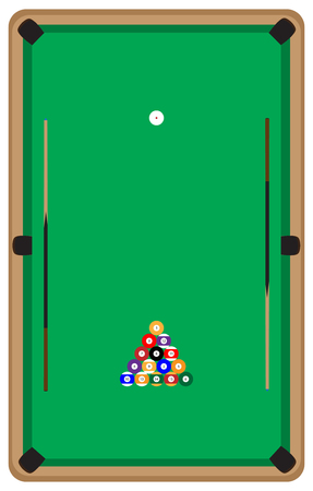 Pool table with balls and cue. Pool billiards and pool balls,  billiard table and snooker table, game room snooker, sport game pool, hobby and leisure play. Vector flat design illustrationのイラスト素材