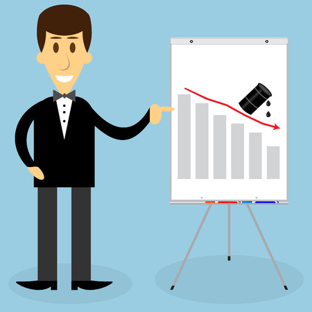 Man presentation oil fall. Business oil fall, finance oil chart, presentation oil economy, down and crisis oil price. Vector flat design illustrationのイラスト素材