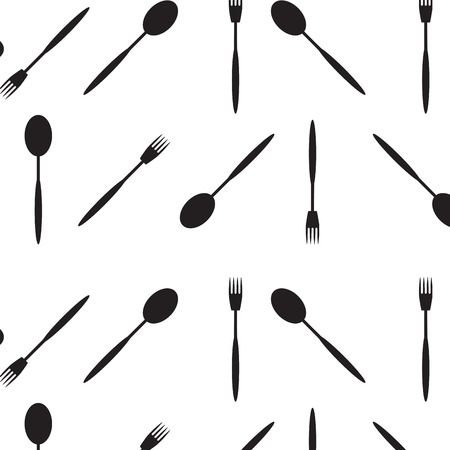 Pattern black white spoon and fork. Black spoon pattern and fork background utensil. Vector flat design illustrationのイラスト素材