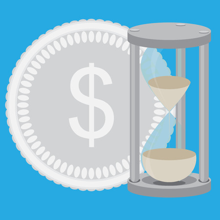 Time is money. Hourglass with silver coin vector. Time and time management, money and clock, save time and clock money, hourglass money and  business clock. Vector flat design illustrationのイラスト素材