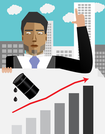 Businessman hold chart with up oil price. Barrel oil up, price up and finance oil up, graph oil up, growth price oil. Vector flat design illustrationのイラスト素材