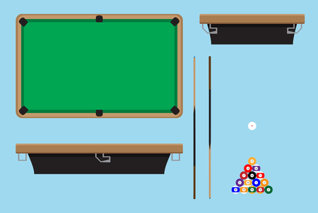 Pool table top side. Billiard table and snooker table, game room snooker, hobby game pool and leisure snooker competition. Vector flat design illustrationのイラスト素材